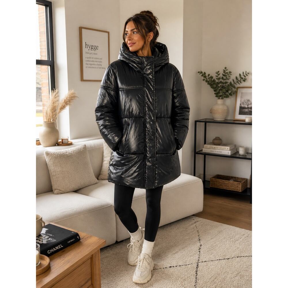 NVLT Anthropologie Black Thigh Length Hidden Hood Puffer Coat. Size Large.